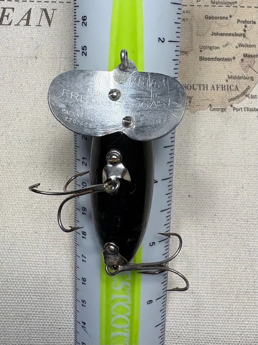 Vintage Fred Arbogast Black Jitterbug Topwater Fishing Lure w/ Early Bug Eye 50s